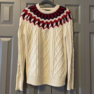 J.CREW Chunky Cable Knit Fair Isle Pullover Sweater. Ivory, Red, Navy Blue. XXS